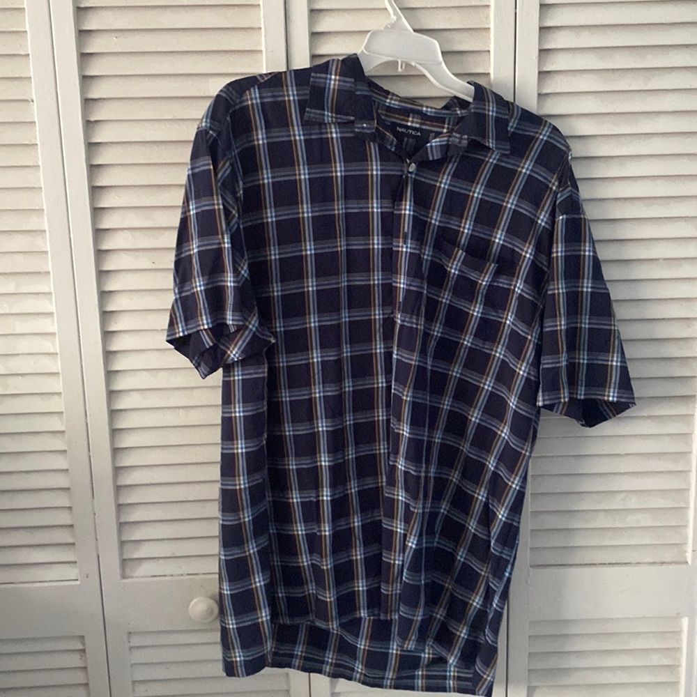 Nautica Blue Flannel Striped Short Sleeves